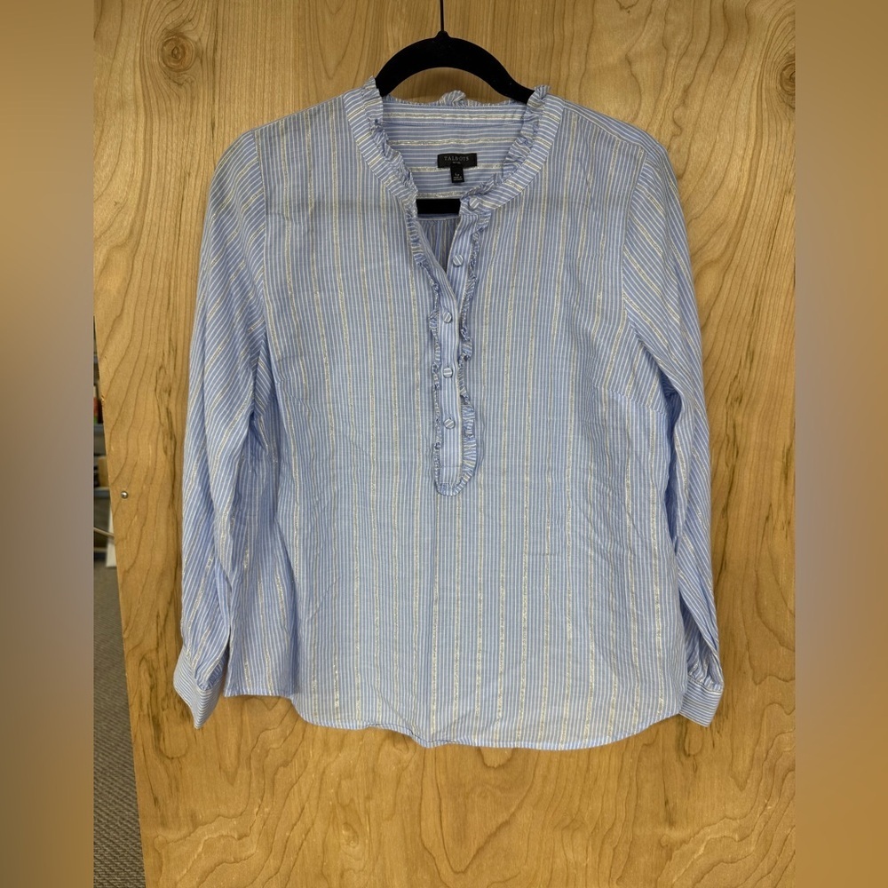 Talbots Womens Blue White Metallic Silver Striped Button Ruffled Shirt Lp